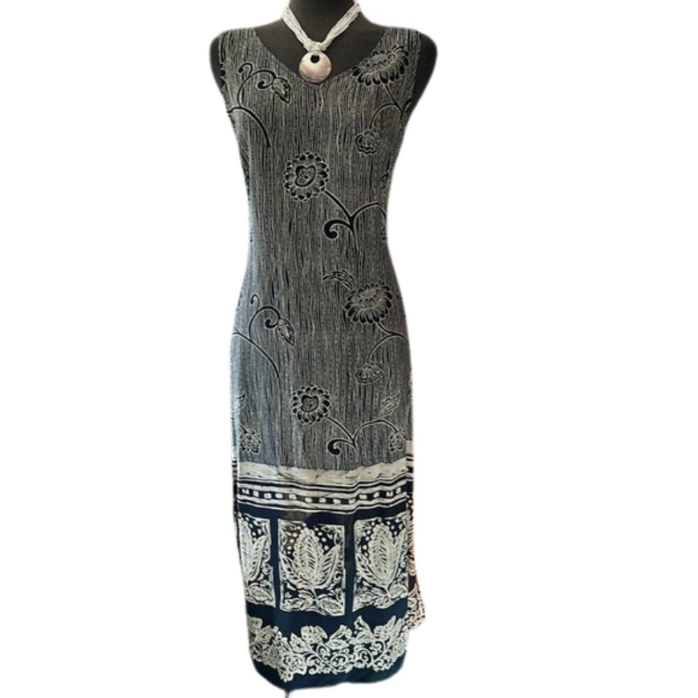 Nina Piccalino Navy Ivory  Floral Geometric Sleeveless Dress Medium Vintage